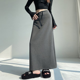灰色运动半身裙女春秋新款高腰直筒开叉a字半裙垂坠感卫裙长裙子，女装半身裙，搜酷衣阁