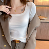 螺纹大方领长袖打底衫女内搭正肩t恤季可外穿显瘦上衣，女装T恤，搜酷衣阁