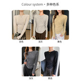 555圆领打皱打底衫女秋冬新款保暖毛衣修身竖条针织衫长袖上衣T恤，保暖内衣，搜酷衣阁