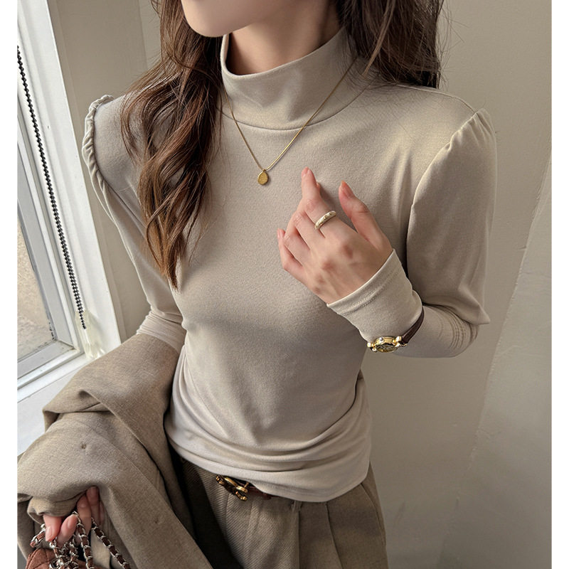 W韩系设计感泡泡袖打底衫女内搭显瘦半高领莱赛尔上衣，女装T恤，搜酷衣阁