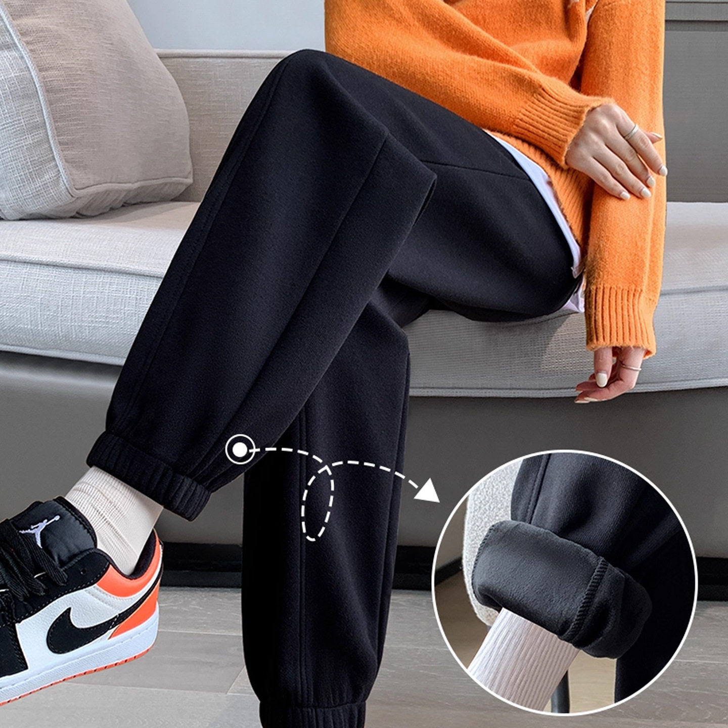 黑色加绒运动裤女2026新款秋冬季加厚棉裤外穿小个子宽松束脚卫裤，女装休闲裤，搜酷衣阁