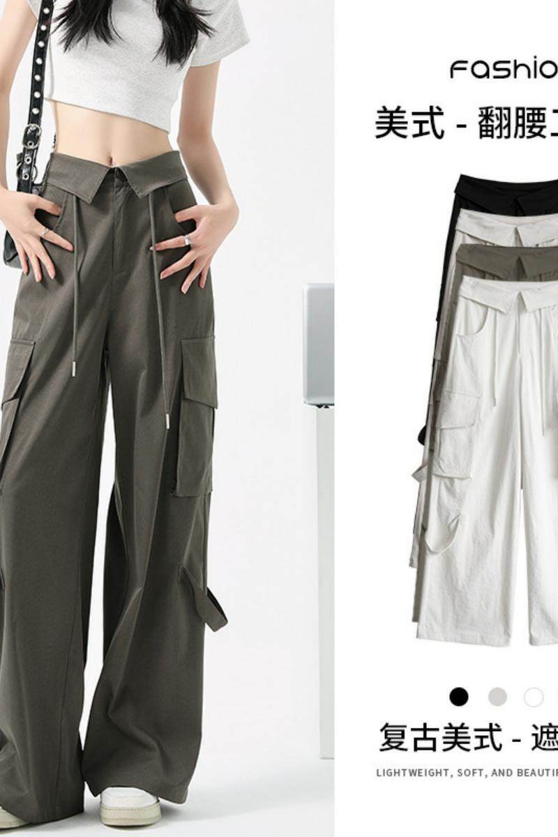 翻腰工装裤女梨形身材显瘦宽松高腰多口袋直筒美式街头阔腿休闲裤，女装休闲裤，搜酷衣阁
