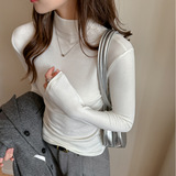 莱赛尔半高领螺纹修身长袖打底衫女内搭中领正肩t恤上衣，女装T恤，搜酷衣阁