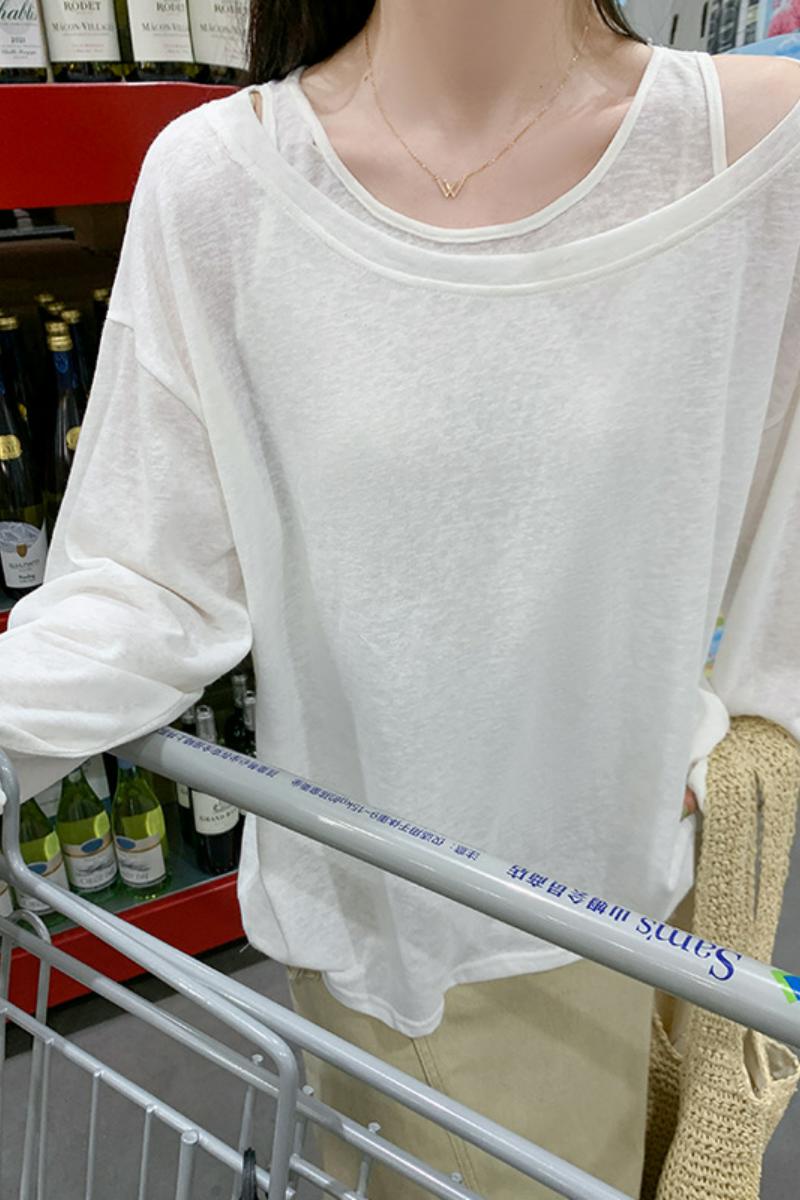 白色针织上衣女春秋薄款宽松长袖t恤打底衫设计感罩衫两件套背心，女装T恤，搜酷衣阁