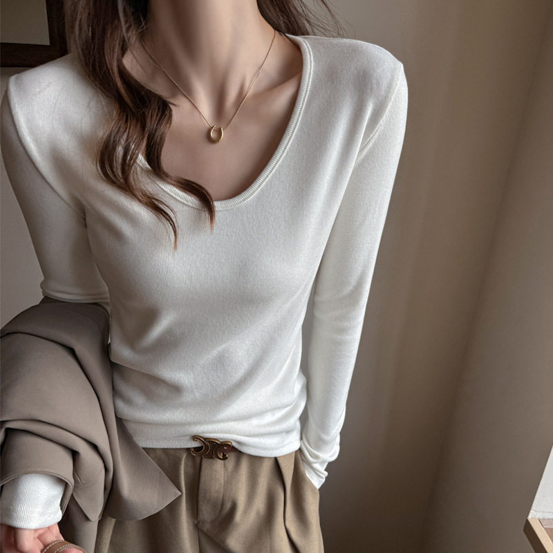 仿羊绒季磨毛加厚V领长袖t恤女士内搭打底衫德绒休闲百搭上衣，女装T恤，搜酷衣阁