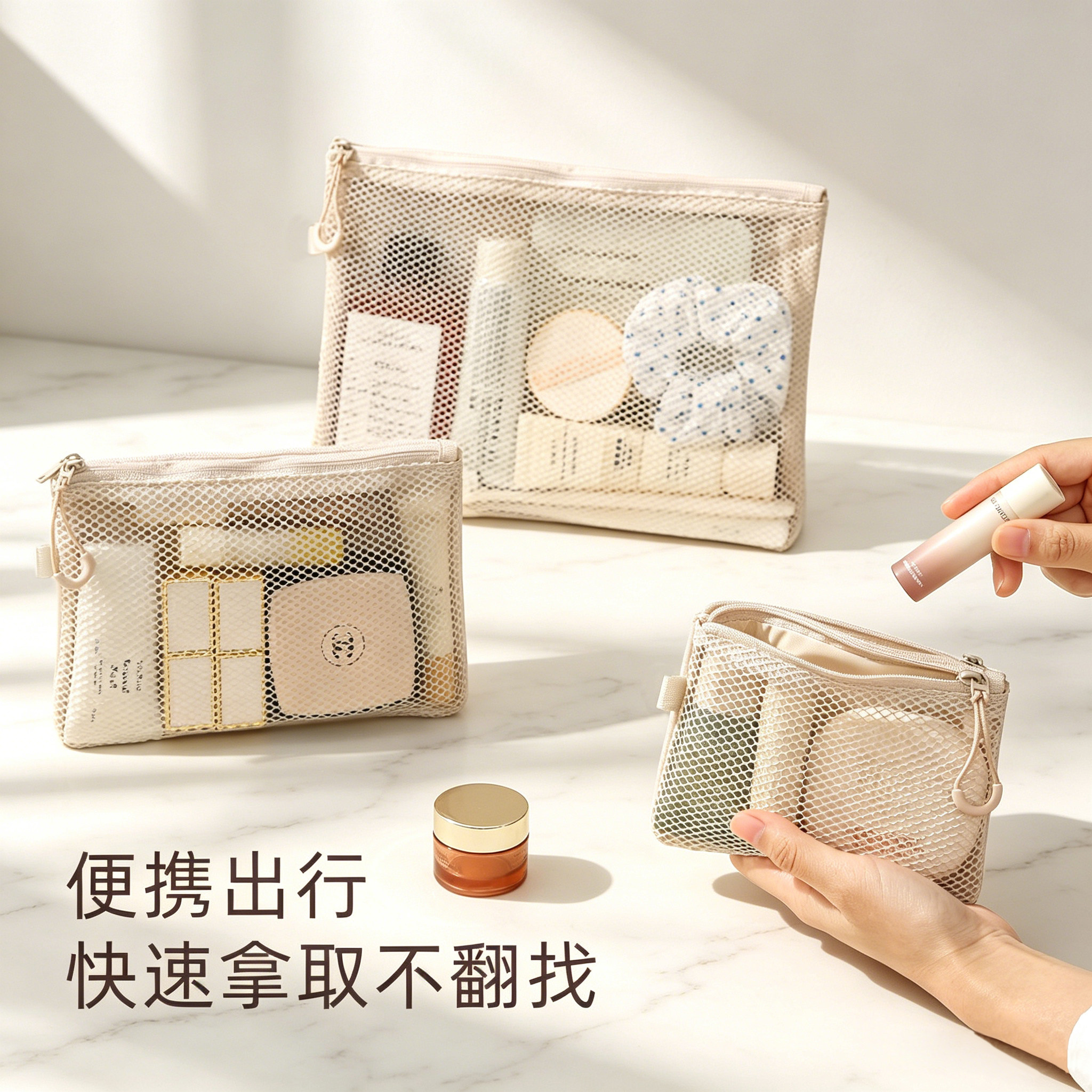 网格收纳包旅行便携随身零钱包包迷你化妆包小号杂物袋拉链证件包