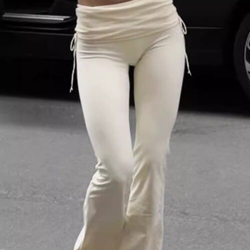Drawn wide waisted slightly flared pants纯色抽褶宽腰微喇裤女