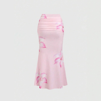 印花弹力腰半身长裙Printed elastic waist half length skirt