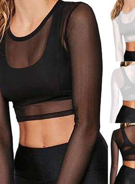 Women Round Neck Long Sleeve Cropped Top女式圆领长袖短款上衣