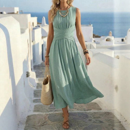 Sleeveless waist cinched pleated dress 无袖收腰褶皱连衣裙