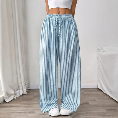 Striped casual straight leg pants for women条纹休闲直筒长裤