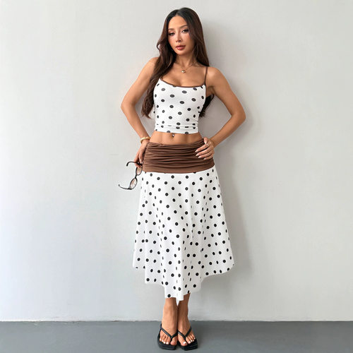 Polka dotsuspendercolorblockedskirtset波点吊带拼色半身裙套装