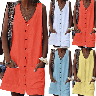 Pocket Sleeveless Cardigan Ladies Color Neck Solid Dress