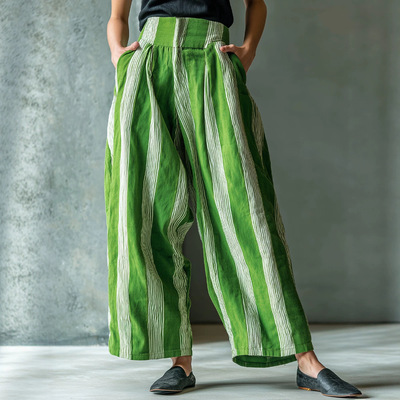Striped high waisted casual wide leg pants条纹高腰休闲阔腿裤