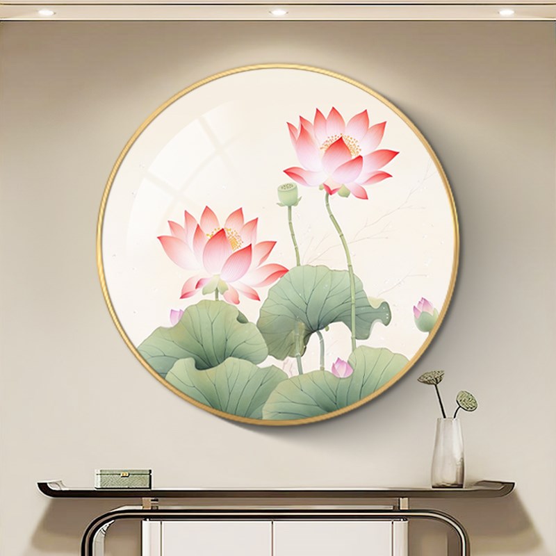 荷花玄关装饰画新中式客厅圆形挂画餐厅莲花静心茶室布置酒店壁画图片