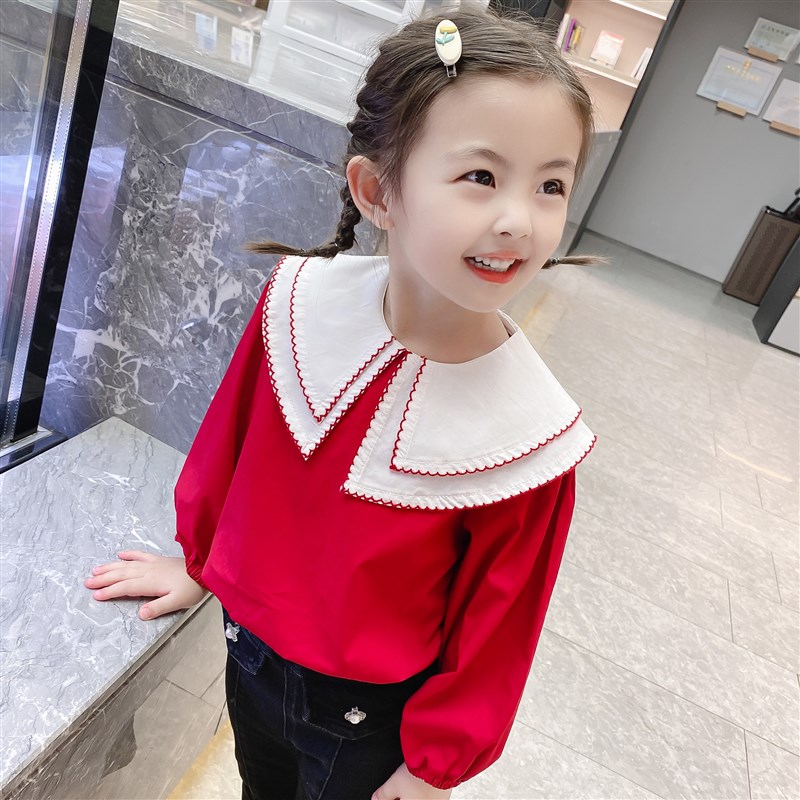 2021新款童装秋装3-8岁时尚女童翻领娃娃衫红色衬衫宝宝春秋上衣