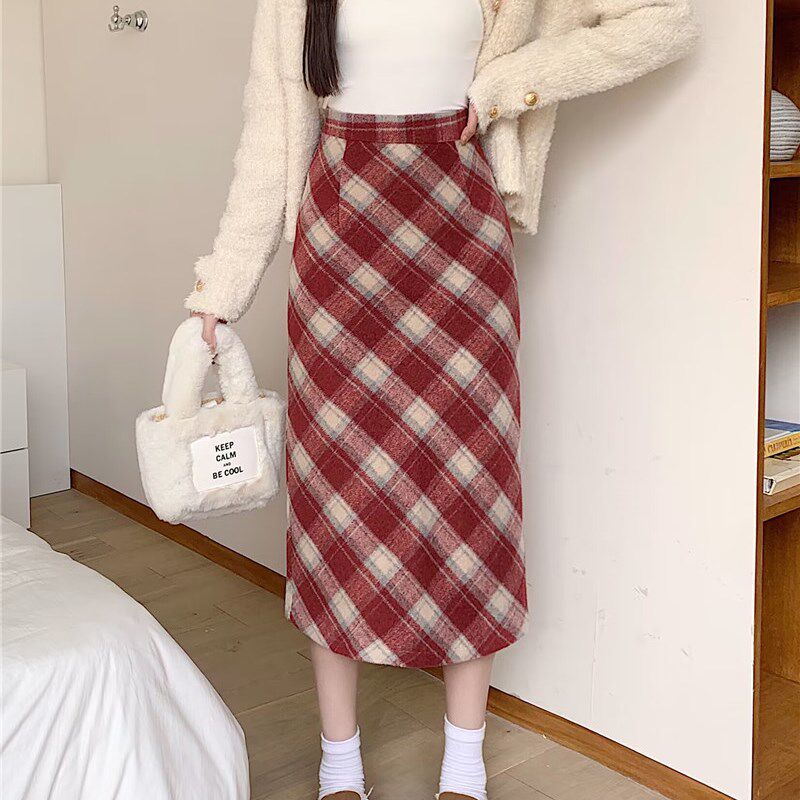 大码格子毛呢半身裙今年流行红色中长裙女秋冬胖MM松紧腰包臂长裙