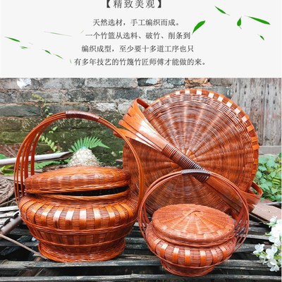 竹编提篮家用圆形带盖大号拜神篮竹制品收纳筐鸡蛋篮竹篮子采摘篮