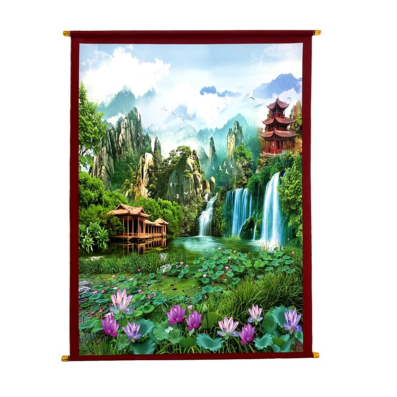 暗堂单山水画高清油画布暗堂挂画带穗山水画大堂单暗堂口山水挂画