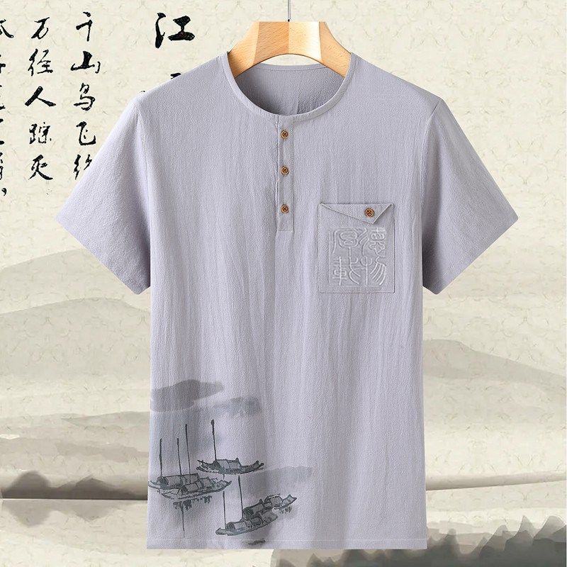 夏季全棉中老年男短袖爷爷爸爸衬衫汉服真口袋红色Tt恤衫唐装上衣,男装,汉服,淘宝优惠券,粉丝福利购,淘宝优惠卷