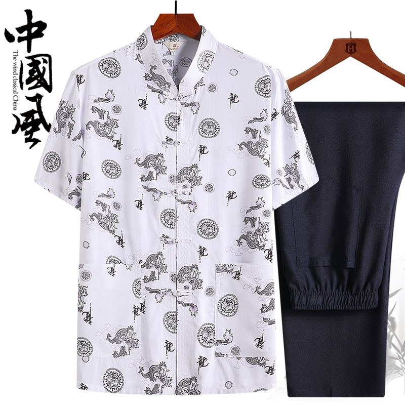 中国风夏季中老年人男士爸爸纯棉短袖唐装套装衬衫大码爷爷装汉服,男装,唐装,淘宝优惠券,粉丝福利购,淘宝优惠卷