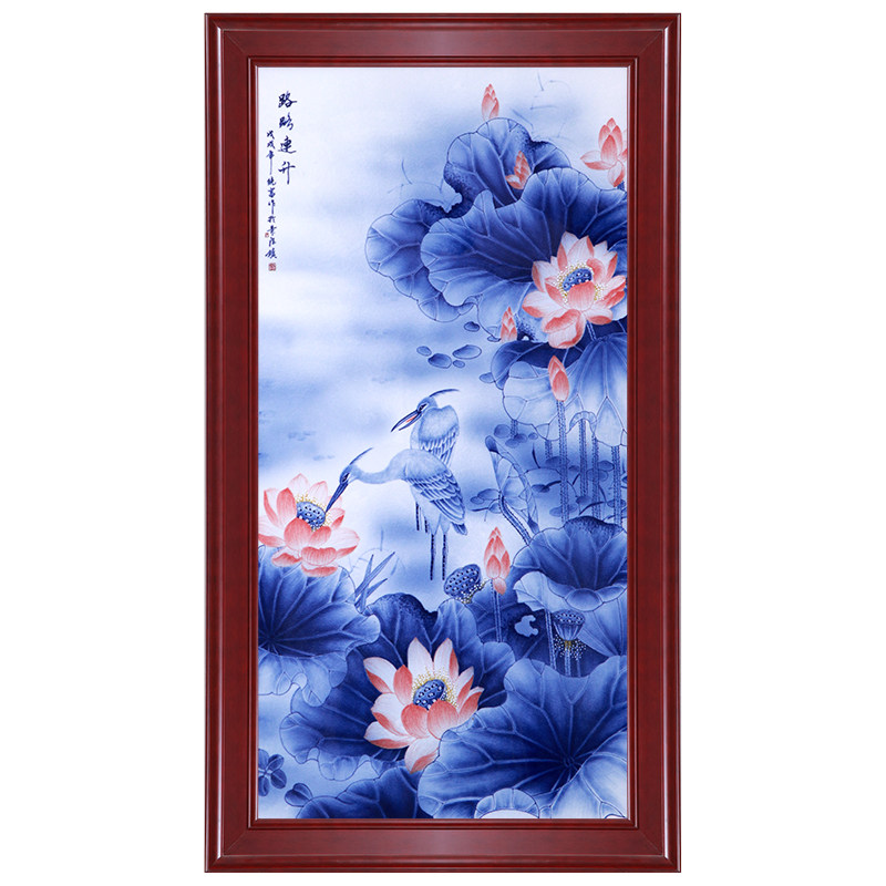 景德镇新中式走廊过道国画荷花牡丹壁画竖版挂画玄关装饰画瓷板画