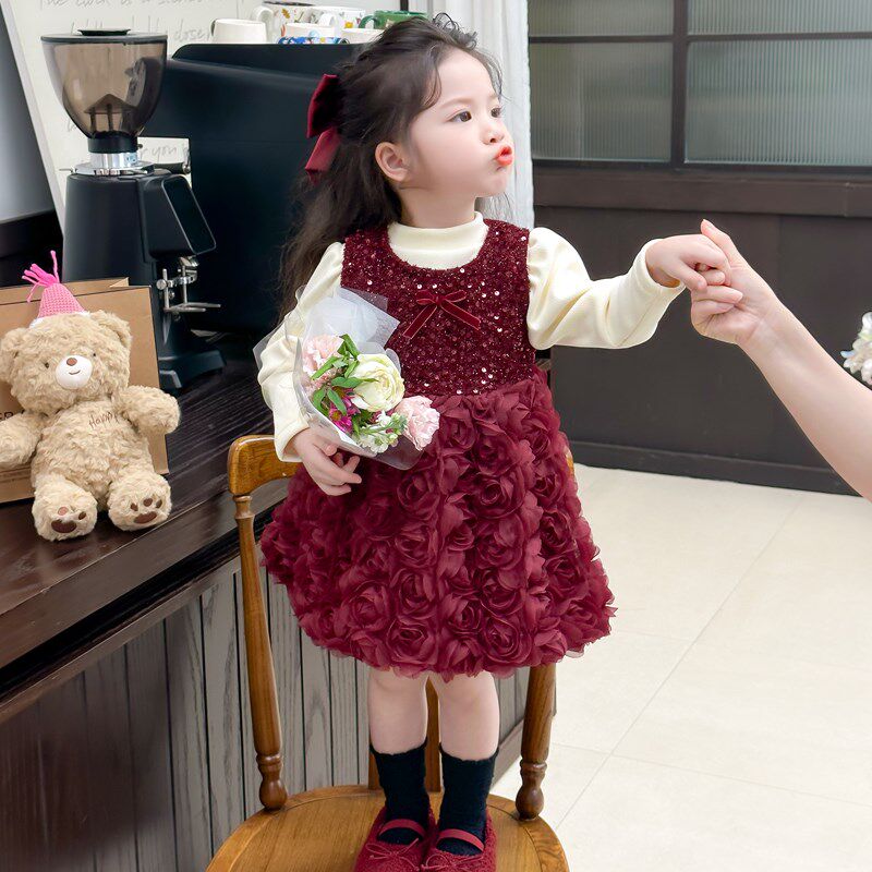 女童连衣裙秋冬季2025新款女宝宝加绒加厚套装裙新年红色公主裙子