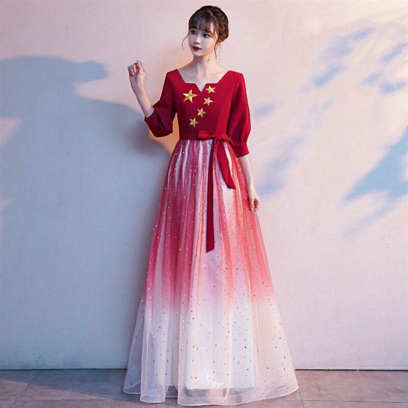 红歌大合唱团演出服初中生长裙指挥朗诵比赛服装大学高中生礼服夏