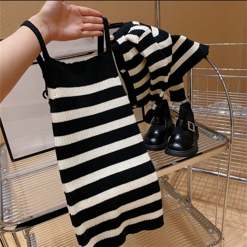 女童秋装条纹毛衣套装裙2023新款儿童宝宝针织开衫毛线裙子两件套