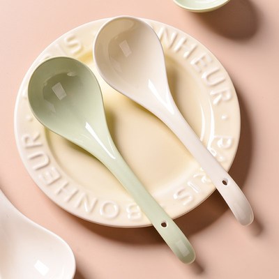 新款奶油风汤勺家用大号陶瓷长柄盛汤勺子高档精致调羹喝汤小勺子