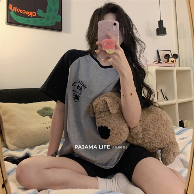 睡衣女夏季纯棉短袖短裤学生甜美可爱薄款两件套装可外穿家居服女