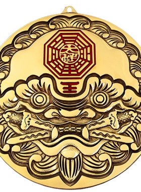 纯黄铜狮子咬剑虎头牌子吞口兽镜门头风俗挂件太极双剑十二生肖