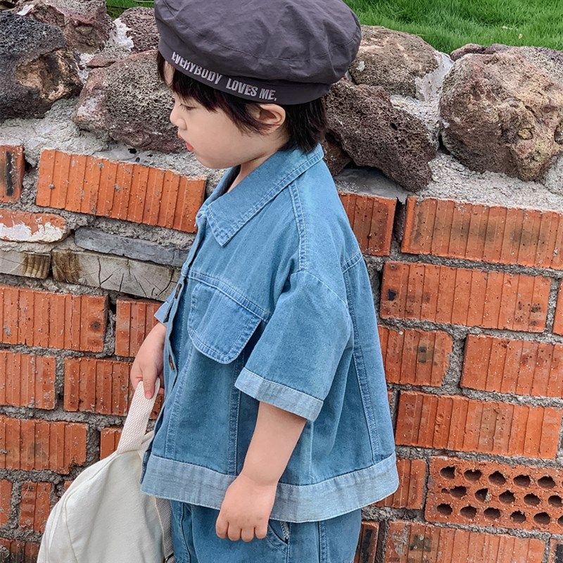 暮晨家新款夏装2024男童薄款棉牛仔短袖衬衫宝宝明线中裤两件套装