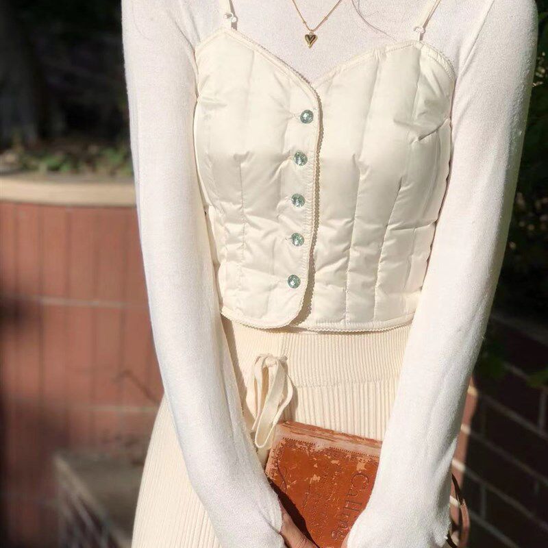 橘里CHIU 皎洁月白/黑色蕾丝边修身保暖内搭羽绒吊带小马甲背心女