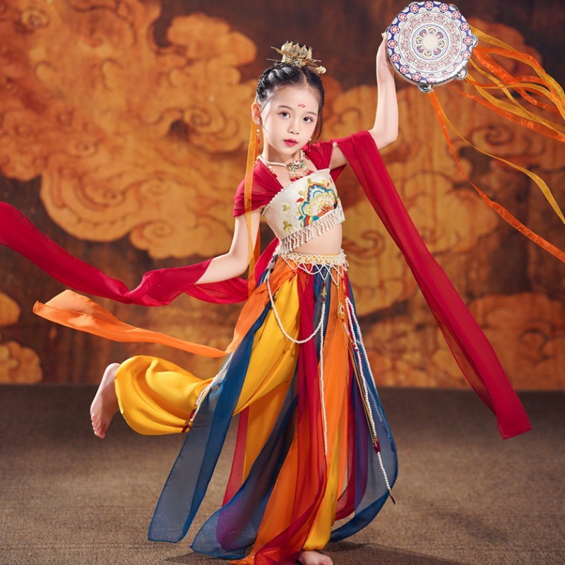儿童飞天乐鼓演出服西域敦煌舞蹈服女童古典舞异域风情民族表演服
