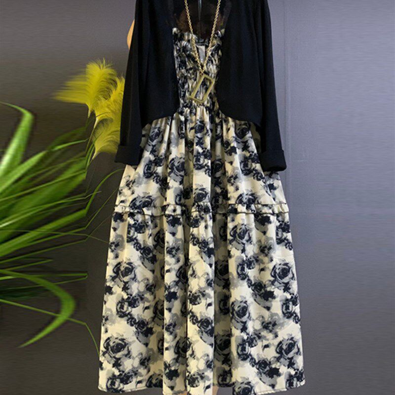 抽褶收腰吊带碎花连衣裙套装防晒外披沙滩裙子两件套夏季大码女装
