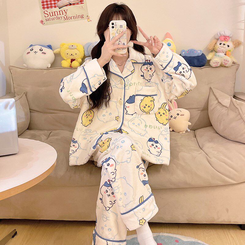 睡衣女秋冬季珊瑚绒加厚绒可爱法兰绒2024新款少女开衫家居服套装