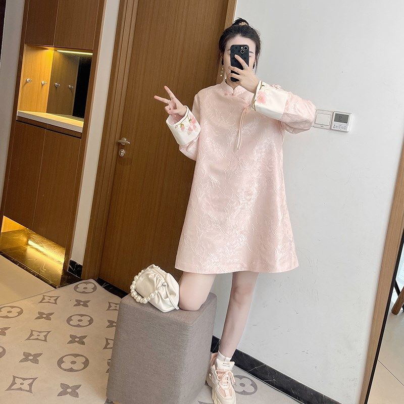大码女装粉色胖mm春装国风旗袍新款2025新款新中式连衣裙宽松