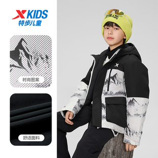 特步少年儿童男大童羽绒服外套2025冬户外连帽加厚675425194123
