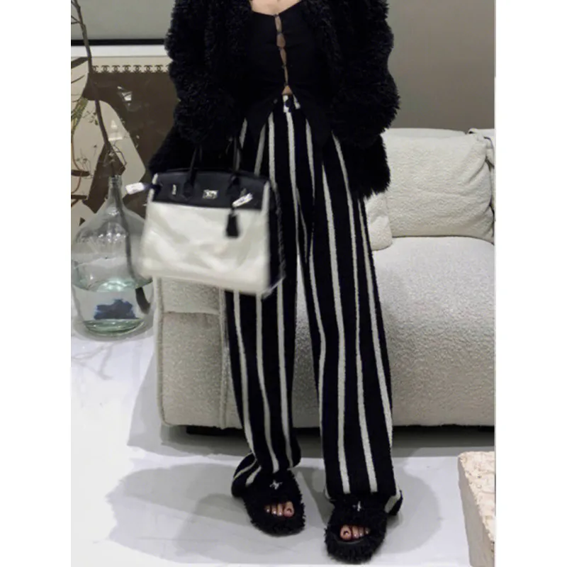 高级感黑白条百搭休闲加厚阔腿裤高腰显瘦慵懒风垂感时髦拖地长裤,女装/女士精品,休闲裤,淘宝优惠券,粉丝福利购,淘宝优惠卷