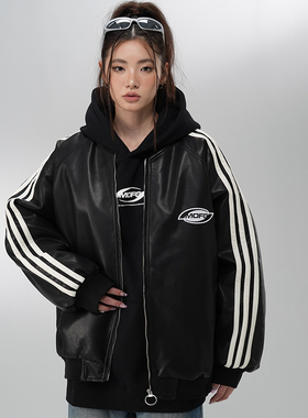 MOFG重磅夹棉加厚美式三条杠PU皮衣oversize宽松情侣夹克棉衣外套