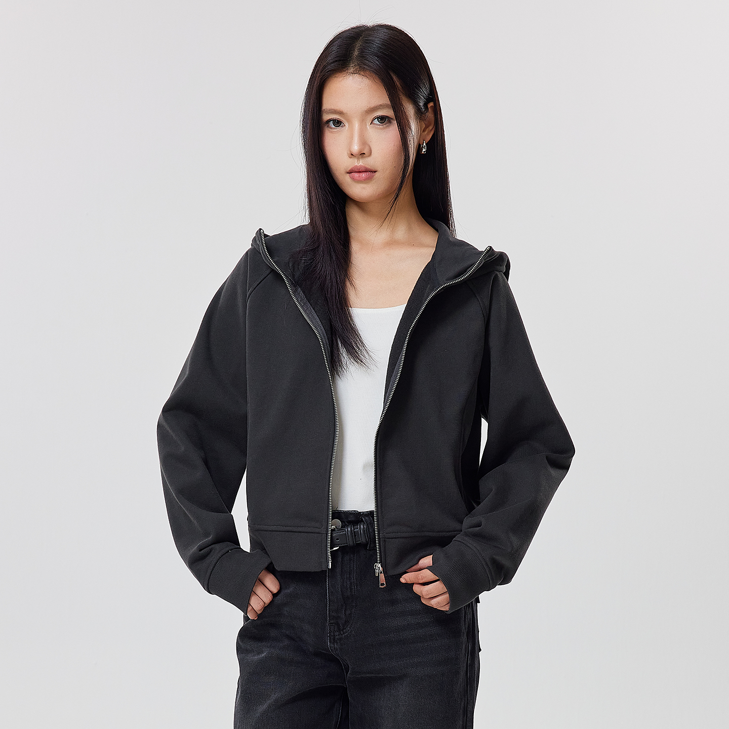 MOFG450g重磅秋冬新款辣妹短款拉链开衫连帽卫衣修身外套潮