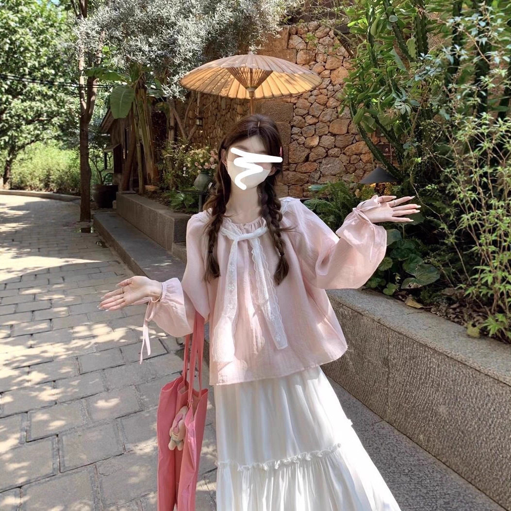 甜美淡蓝色蕾丝披肩衬衫