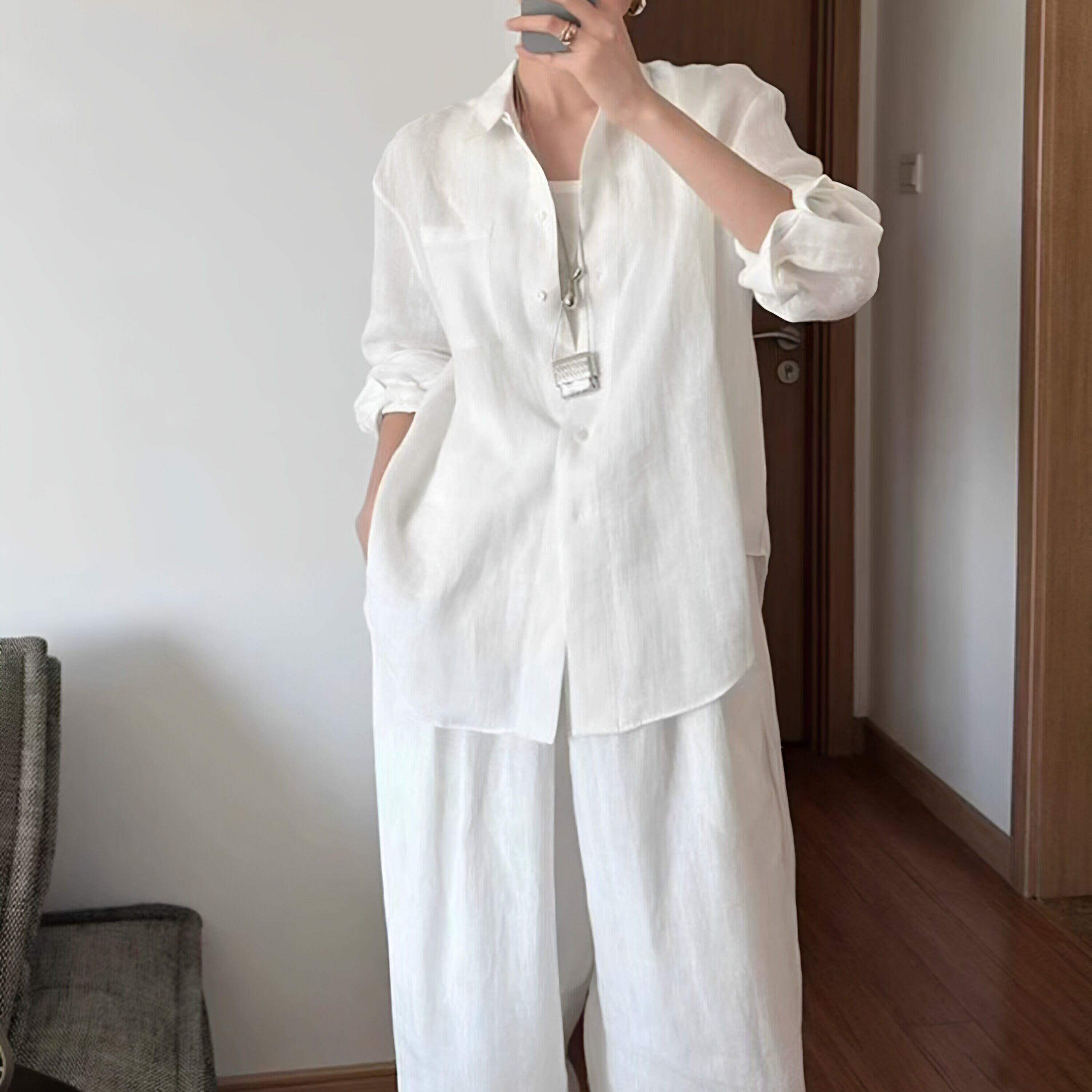 天丝亚麻白色老钱风衬衫