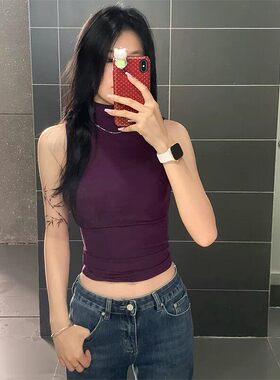 美式辣妹风紫色无袖背心女夏外穿气质修身性感半高领内搭吊带上衣