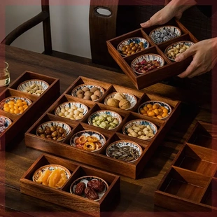 复古色九宫格家用木质托盘四宫格零食干果盘高档茶室会所点心拼盘