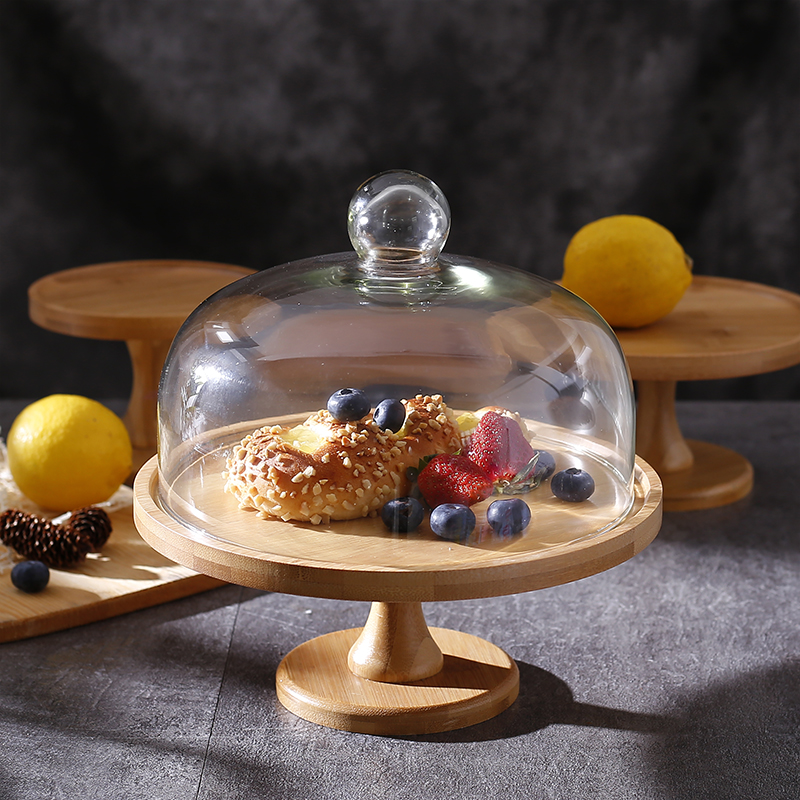 木质蛋糕展示托盘高脚托台甜品玻璃罩透明水果点心面包试吃盘带盖