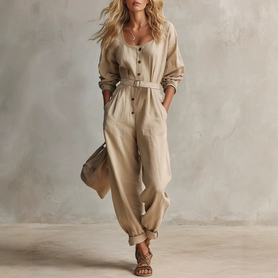 Square collar waist cinchingjumpsuitforwomen方领收腰连体衣女