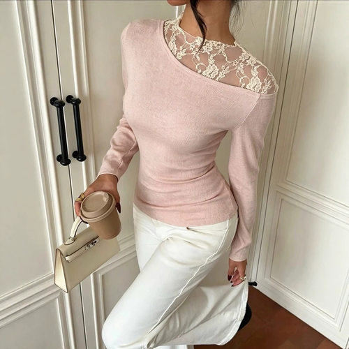 Half high collar lace patchwork top  半高领蕾丝拼接上衣女
