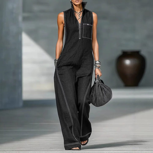 立领无袖休闲连体裤Stand up collar sleeveless casual jumpsuit